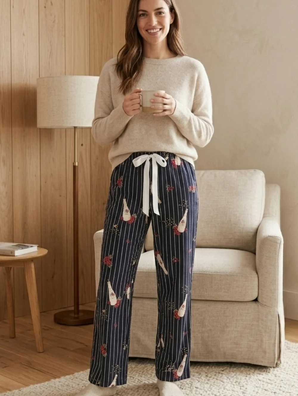 Soma Lounge Pants‎ Medium Navy Pinstripe Champagne Print Cotton Modal Like New!